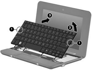 4. Grasp the tabs on the outer edges of the keyboard (1), lift the rear edge of the keyboard (2) until it rests at