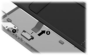 8. Release the ZIF connector (1) to which the TouchPad button board cable is connected, and then disconnect the cable (2) from the
