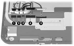 2. Disconnect the following cables from the system board: (1) Speaker cables (2) Microphone cable (3) Fan cable (4) Power cable (5) Display panel cable NOTE: The USB board pass-through cable was