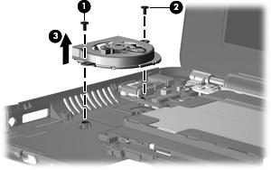 4. Remove the fan (3). Reverse this procedure to install the fan. NOTE: To properly ventilate the device, allow at least a 7.6-cm (3-inch) clearance on the left side of the device.