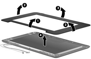 4. If it is necessary to replace the display bezel, flex the inside edges of the bottom (1), left and right sides (2), and the top (3) of the display bezel until the bezel disengages from the display