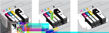 4. Remove the new ink cartridge from its packaging. 5. Using the color-coded letters for help, slide the ink cartridge into the empty slot until it clicks securely into the slot.
