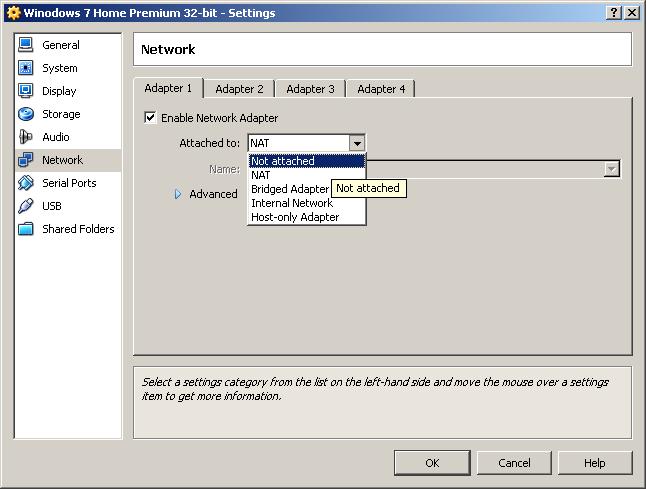 If you click on the drop-down list button to the right of the "Attached to:" field, you will see a list of the virtual networks that "Oracle VM VirtualBox" provides to a virtual machine: Please note
