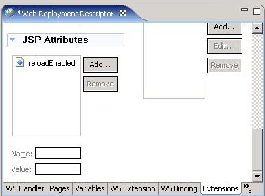 To configure JSP reload using the Application Server Toolkit: 1. From the Project Explorer view of the J2EE perspective, double-click the Web deployment descriptor and select the Extensions tab. 2.