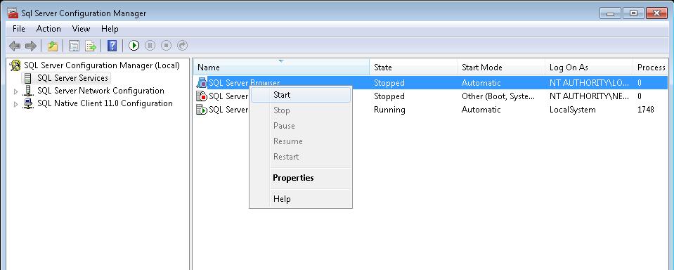 Right click on SQL Server Browser and click Start to start the service. 5.
