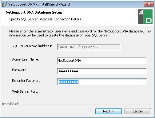 If a non-complex password is used at this point, the NetSupport DNA installation will continue but will subsequently fail when it attempts to write data into the SQL database.