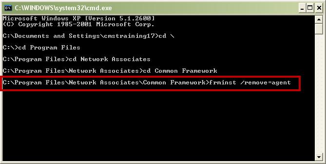 Step 6c: You will see the string: C:\Program Files\Network Associates> Type cd Common Framework and then press the Enter key.