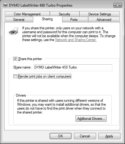 The DYMO label printer Properties dialog boxappears with the Sharing tab selected. 4 Select the Share this printer check box.