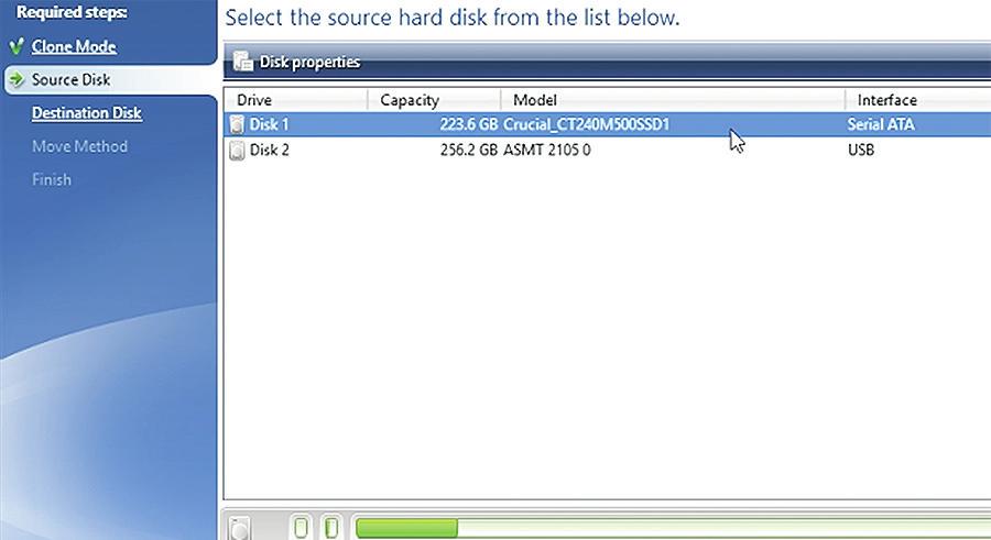 6. Select source and destination drives (disks) Your source disk is your existing drive. Select it by clicking on it, then click Next. Now select your destination disk (your new SSD) and click Next.
