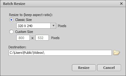 Chapter 3: Media Browser Screen Batch Resize Launches the Batch Resize dialog box to allow you to resize many image files at once. You can choose a predefined size or a custome size.