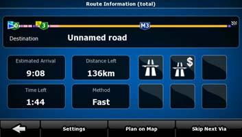 In Advanced mode, from the Navigation menu tap the following buttons:,. In the top section of the screen you see information about the current route.