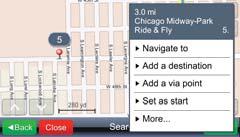 Touch Places along the trip. The Select place category screen is displayed. Use the down-arrow and up-arrow to scroll to the correct category, if necessary. Touch the category (e.g. Parking).