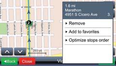 To show the list of via points in the route and / or optimize their order, touch Route. The Trip menu is displayed. Touch Via points list.