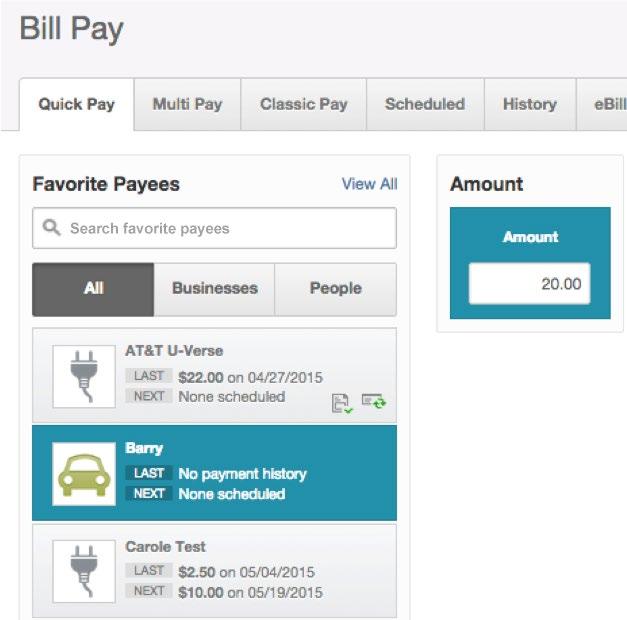 Quick Pay Quick Pay Use Quick Pay to make a one time payment to a person or business. Step 1: Favorite Payee - Select a Payee 1. Search for payees by typing in the first few letters of the payee name.