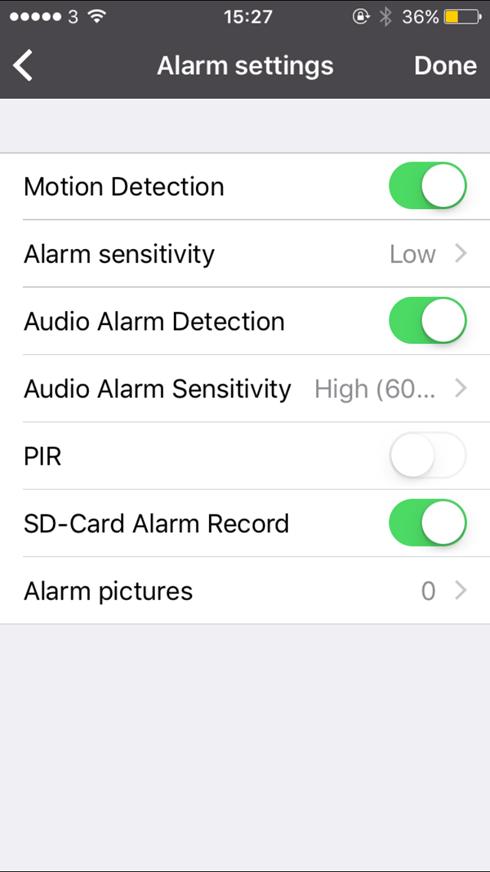 ios Application Ensure this is enabled for the MIP12 to detect motion. The sensitivity will change the range of motion that is detected. Ensure this is enabled for the MIP12 to detect audio.
