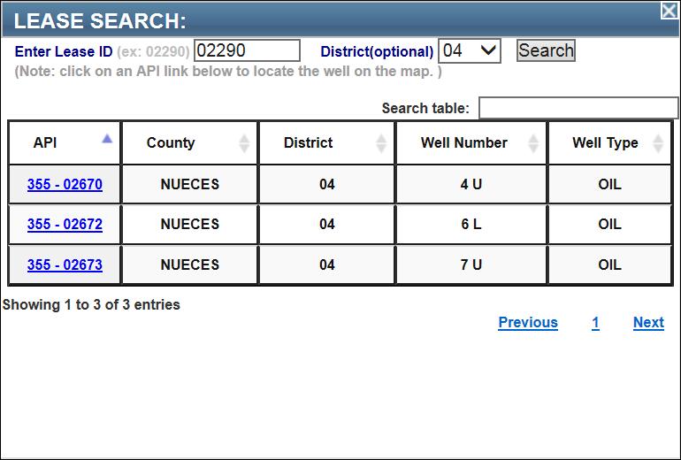 4. Click Search. The results display. TIP: 1) To view a specific well, click the API link.