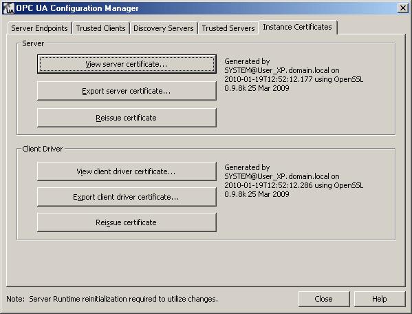 OPC UA Configuration Manager Help 10 The default names assigned to the certificate files are as follows: <product name>_ua_server.der <product name>_ua_client_driver.