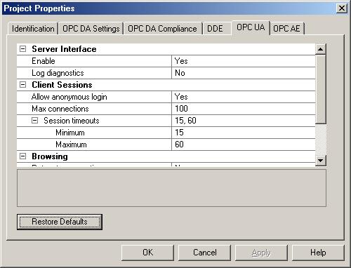 3 OPC UA Configuration Manager Help Server Interface Descriptions of the parameters are as follows: Enable: When enabled, the UA server interface will be initialized and accept client connections.