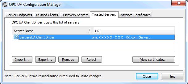 11 Trusted Servers The Trusted Servers tab will only be displayed if the UA Client Driver is installed on the computer.