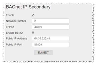 BACnet Router Start-up Guide Page 9 of 14 6.1.5 BACnet IP Secondary Enable BBMD - select this checkbox to enable the Router to act as a BBMD.