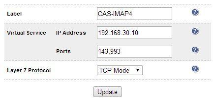 Appliance Configuration for Exchange 2013 Using SNAT Mode 3. 4. 5. 6. 7. 8. 9. Enter an appropriate label for the VIP, e.g. CAS-IMAP4 Set the Virtual Service IP address field to the required IP address, e.
