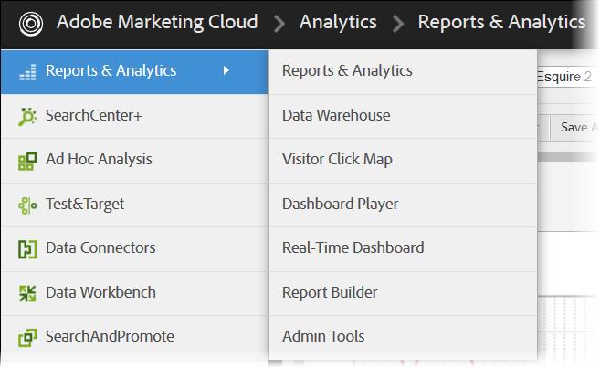 SiteCatalyst 14 (Legacy) 89 Suite Product Access Accessing products and features has changed. To access Marketing Cloud products, click Adobe Marketing Cloud, located above the left navigation.