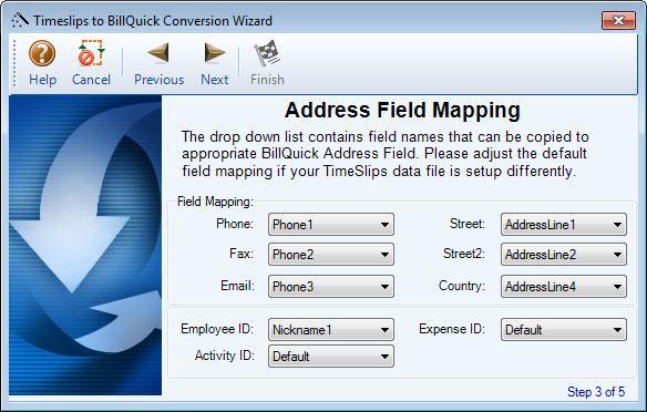 Conversion Wizard Phone/Fax/Email/Street/Street2/ and Country are the field names representing address information in BillQuick.