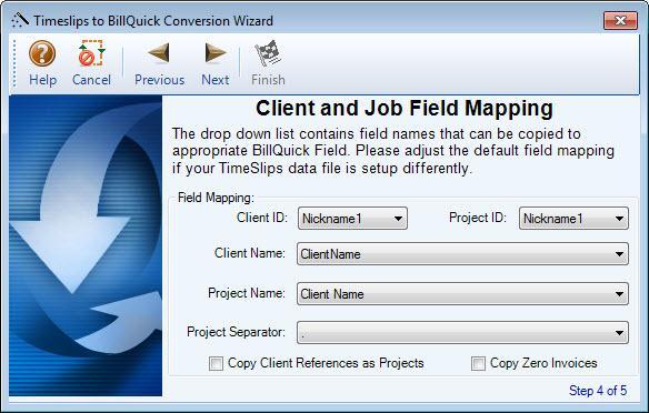 Conversion Wizard 5. Move to the Client and Job Field Mapping panel. Select Timeslips fields from the drop-down lists and map them to the BillQuick fields. Default choices are pre-selected.
