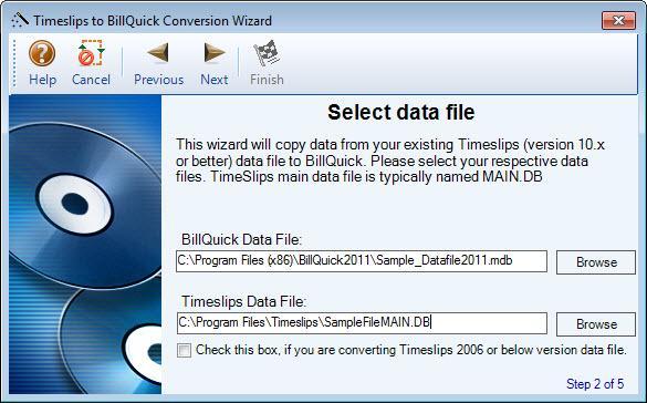 Conversion Wizard 3. Data Conversion 1. Open the Timeslips to BillQuick Conversion Wizard from the File menu or View menu. 2. Click Next on the Welcome screen. 3. On the Select data file panel, verify the BillQuick Data File to be used for data transfer.