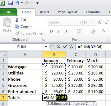 3. Or click the AutoSum button. Excel will look for a series of adjacent numbers to which the function will be applied. Make sure the appropriate cells are selected. 4.