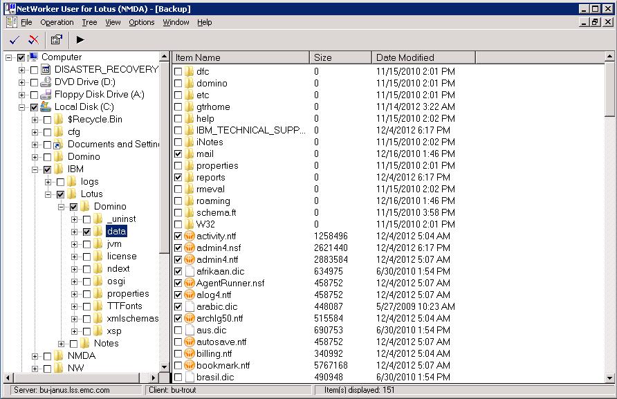 Backup Procedures Figure 2 Backup window in NetWorker User for Lotus 4. To view a list of files or databases available for backup, select a Lotus directory in the left pane of the Backup window.