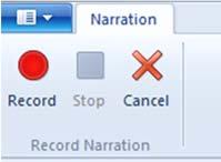 Adding narration to your video is simple if you have a microphone connected to your computer. To add narration click the Home tab if necessary, then click the Record narration button.