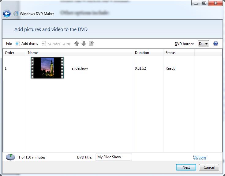 The Windows DVD Maker panel will appear. It is illustrated below. Name your DVD in the DVD Title box. Click Next.