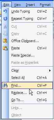 Find & Replace Text Pull-Down Menu + + Finding Text: 1. Click on Edit, then Find (CTRL + F). 2. Type a word or phrase to find. 3.