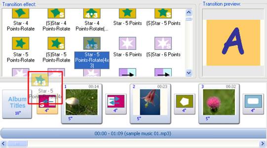Photo DVD Maker User Manual 12 3. Release the left key of the mouse and the previous transition, Zigzag Wipe.T to B, will be changed into the Star-5.Point -Rotate.