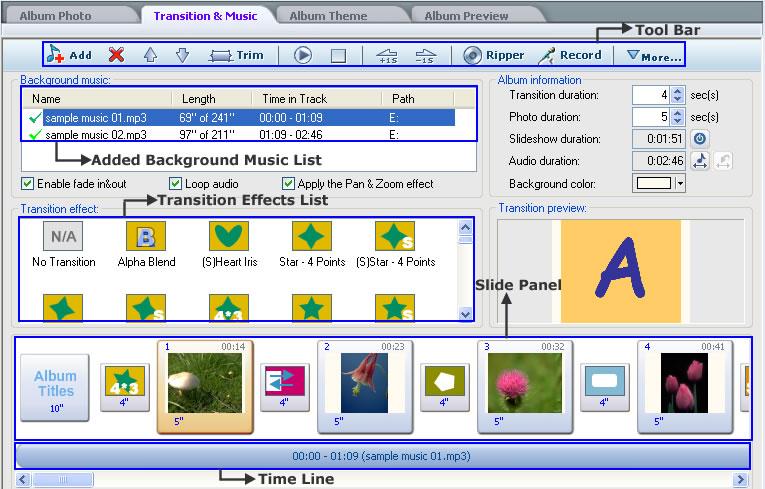 Photo DVD Maker User Manual 24 Tool Bar: you can add and modify background music as well as apply transition effects by using these tools. Added Background Music List 1.