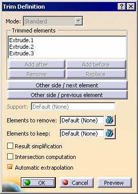 Trimming Elements Use the following steps to trim elements: 1. Select the Trim icon. 2. Select the elements to be trimmed. Select the element on the part which you want to retain. 3.