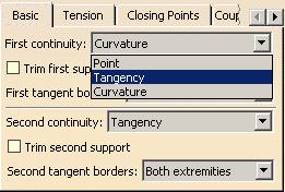 Creating a Blend (2/3) Now you will learn how to change the continuity type of the blend. 6. If the supports are specified, define the type of continuity (Point, Tangency, Curvature) for each side. 7.