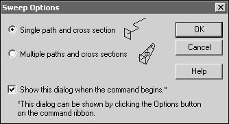 Chapter 3 Surface Creation You must specify the Sweep Options before the command begins. The single path and cross-section option allows you to only define one path and one cross section.