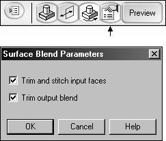 Chapter 4 Additional Surfacing Commands Located on the ribbon bar is a Surface Blend Parameters option button. The default setting trims the input faces and output blend.