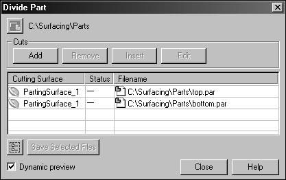 Chapter 4 Additional Surfacing Commands On the Divide Part dialog box, you will enter filenames for the two new divided parts. Click on the first < click here to enter a filename > and type TOP.