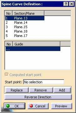 Calculating a Spine Regards to Plane or Guide Curve Use the following steps to create a revolve feature: 1. Select the Spine icon. 2. Select the first Plane. 3.