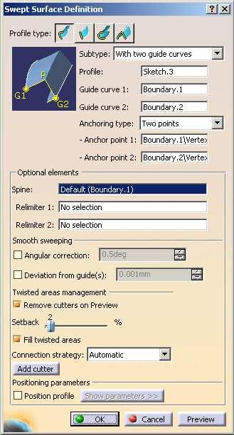 Sweeping a Profile (2/2) Use the following steps to add a second guide curve to a swept surface feature: 1. From the Subtype pull-down menu, select the With two guide curves option. 2.