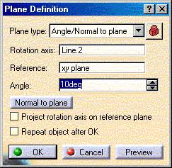 Exercise 3A (3/6) Create planes at both ends of the curve inclined to XY plane by 10 deg. a. Click on Plane Icon. b. Choose Angle/Normal to Plane option. c. Specify Rotation axis as Line.1 d.