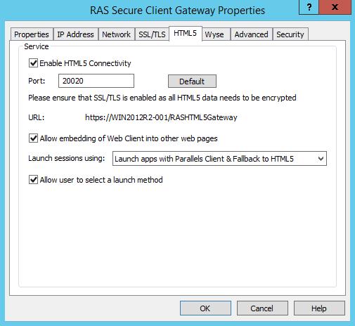 RAS Secure Client Gateways To configure the HTML5 connectivity, click the HTML5 tab. To enabled HTML5, select the Enable HTML5 Connectivity option.