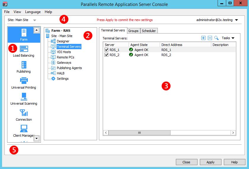 Getting Started with Parallels Remote Application Sever Parallels Remote Application Server Console Layout The RAS Console consists of the following sections: This section lists categories.