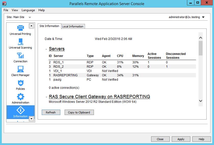 Managing Parallels Remote Application Server To view the site information, in the RAS Console, select the Information category.