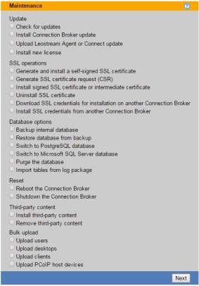 Leostream Connection Broker Administrator s Guide Chapter 18: Maintaining the Connection Broker Overview The > System > Maintenance page, shown in the following figure, allows you to: Update your