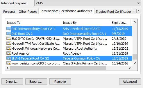 Second, scroll down to below the DOD ID SW CA- 48 and look for all of the listed certificates on the next page. IF you see any of the certificates, select it, and click Remove.