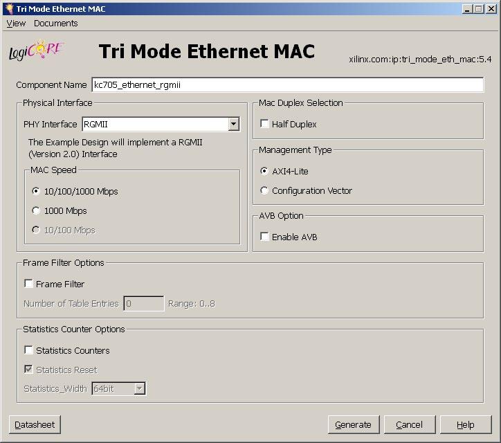 Note: Presentation applies to the KC705 Generate Ethernet Example Design Make the following settings Set Component Name: